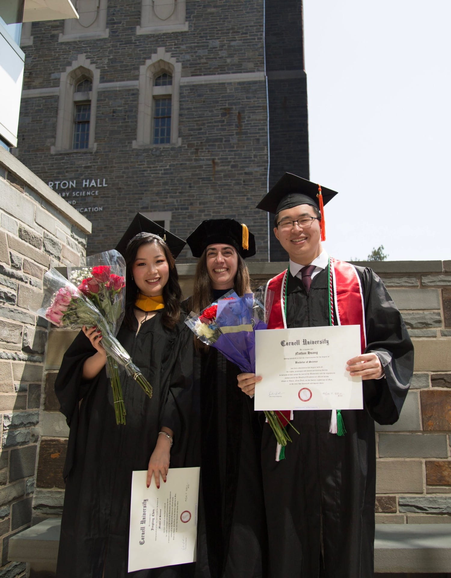Jingting Nicole (earning MS degree), Julia, and Nathan (earning BS degree) at the Cornell MSE Commencement Ceremony
